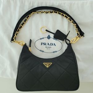 Prada Black Quilted Shoulder Bag with Gold Chain